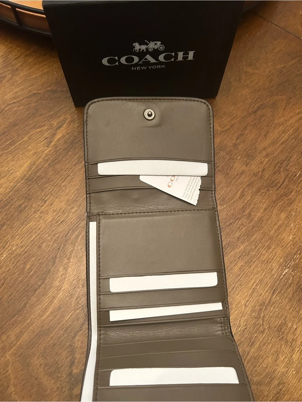 COACH Taupe/Brown Pebbled Leather Studded Compact Wallet